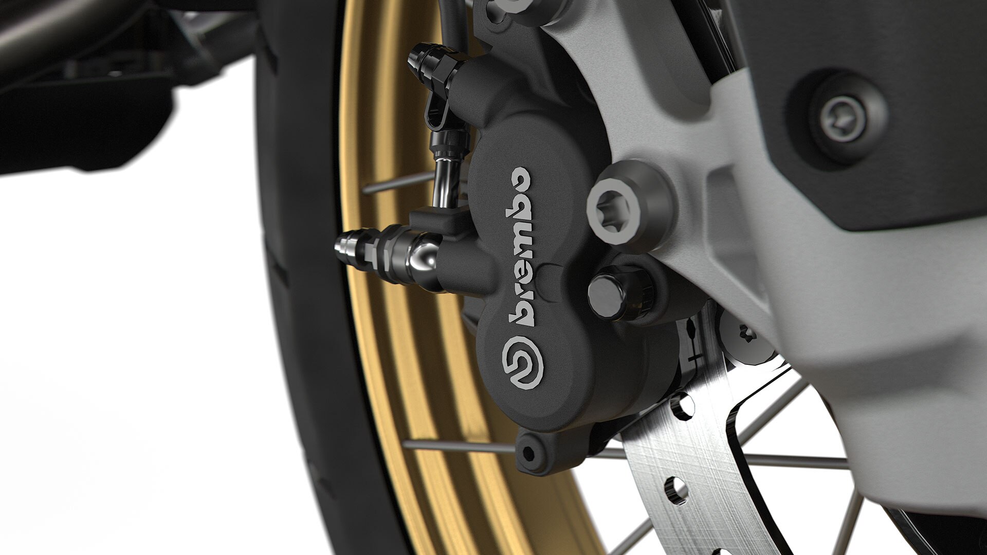 We see the black Brembo brake system.