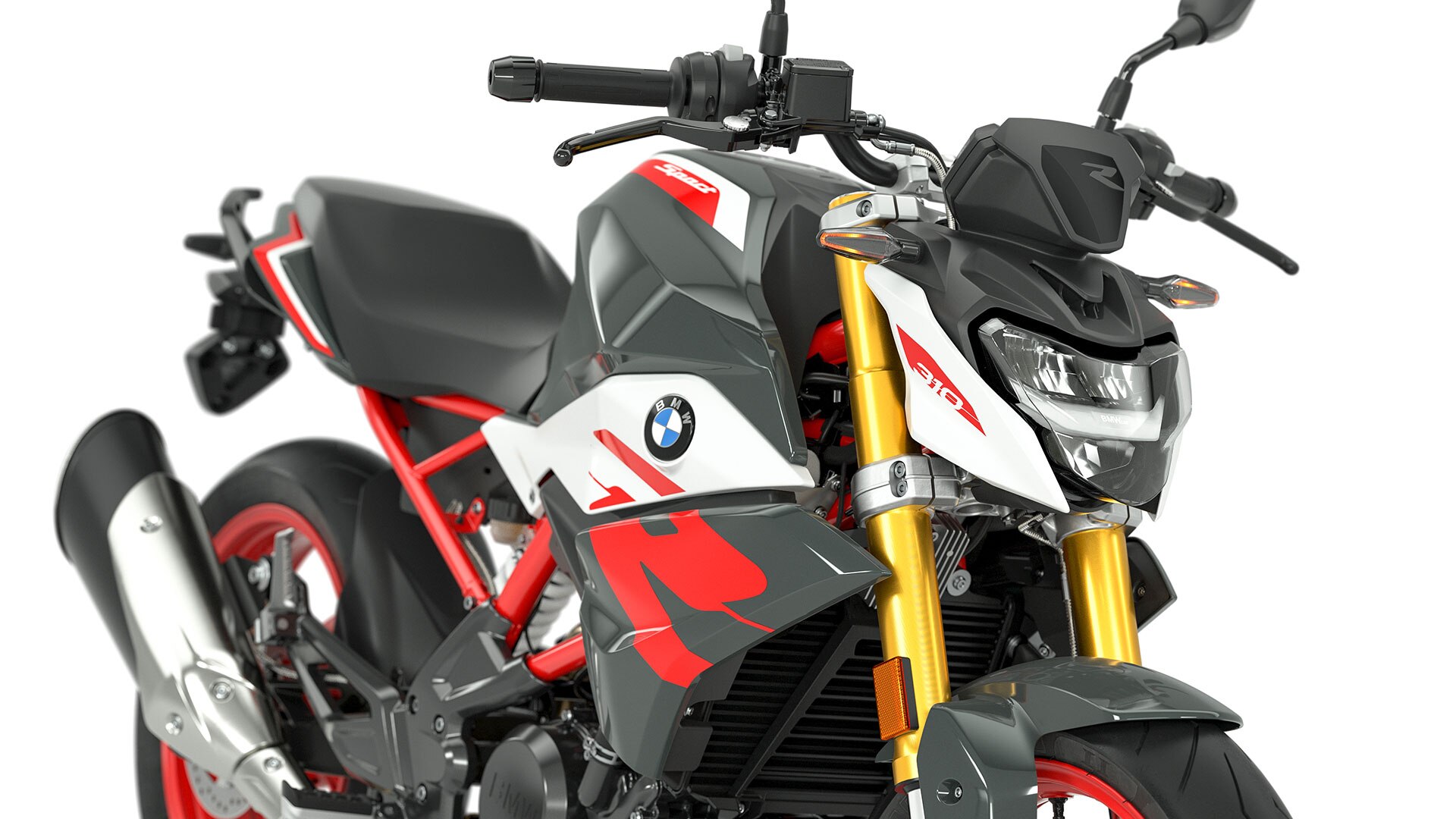 We see the standard LED headlights and indicators of the G 310 R.